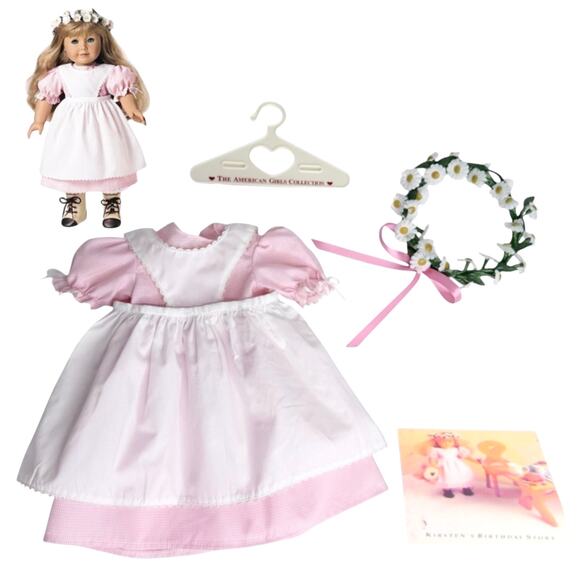 American Girl Kirsten Birthday Outfit Pleasant Co Apron Dress Wreath Hanger Bag - Picture 2 of 11